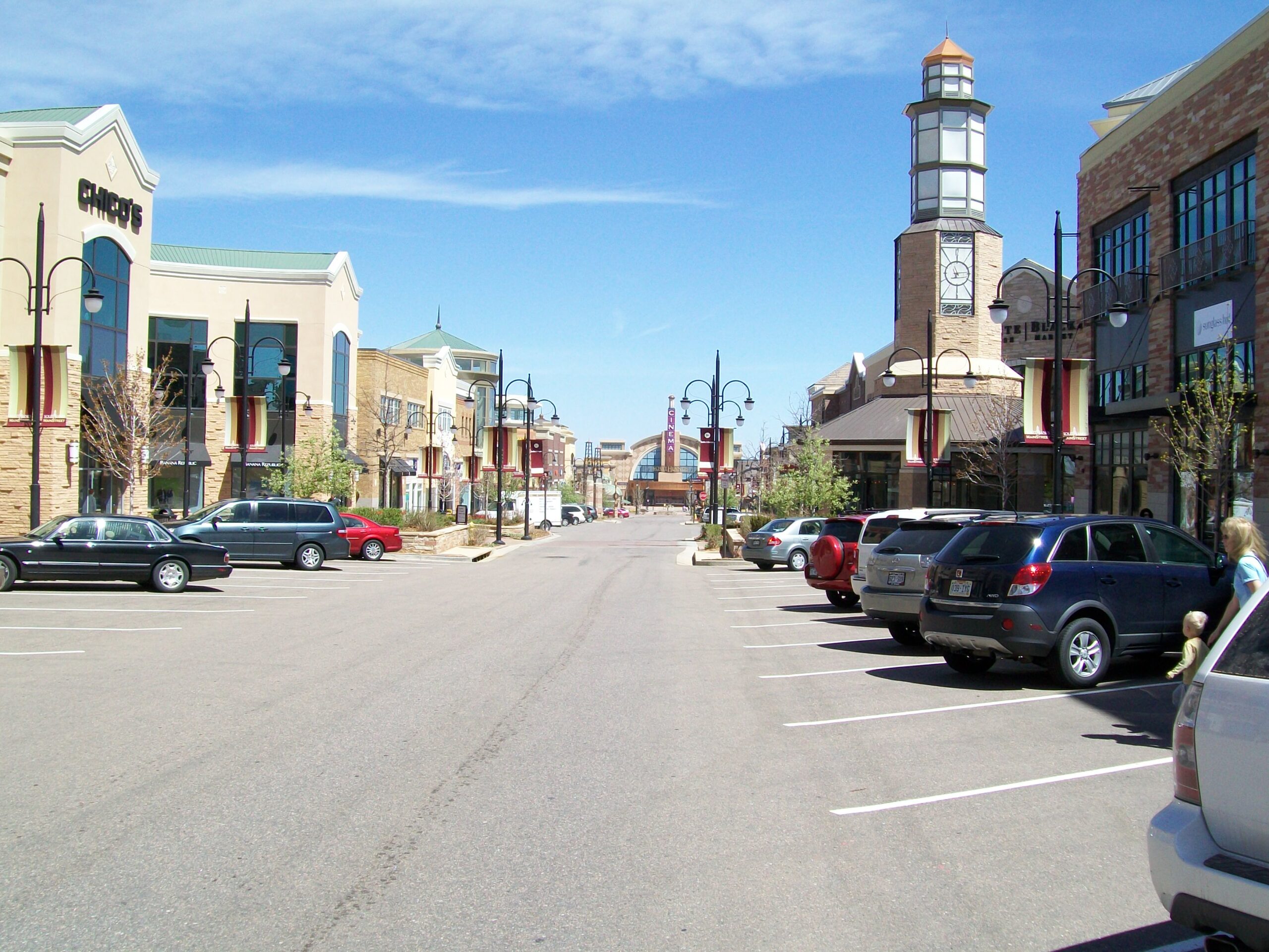 Aurora Colorado Downtown Street with cars parked on road