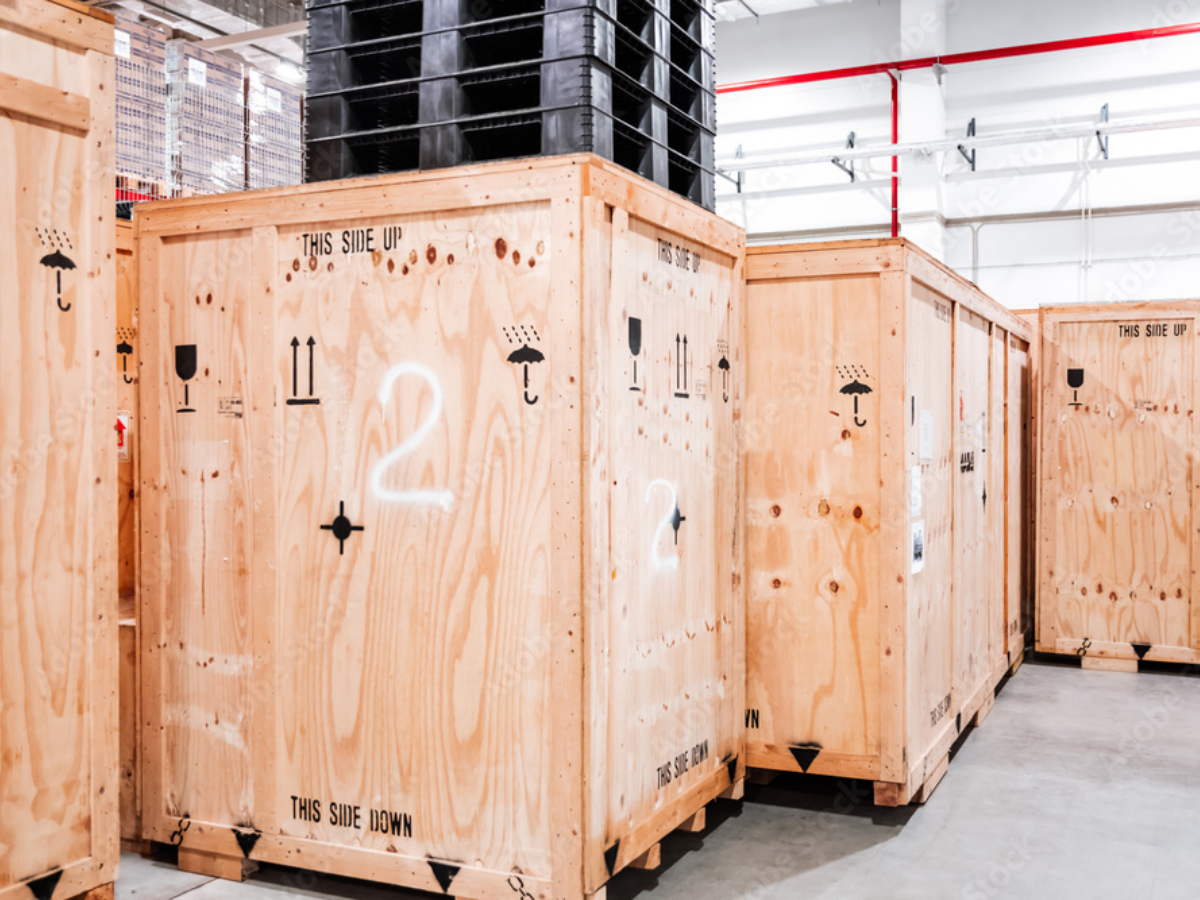 Wooden storage boxes inside of EZ Moving storage facility