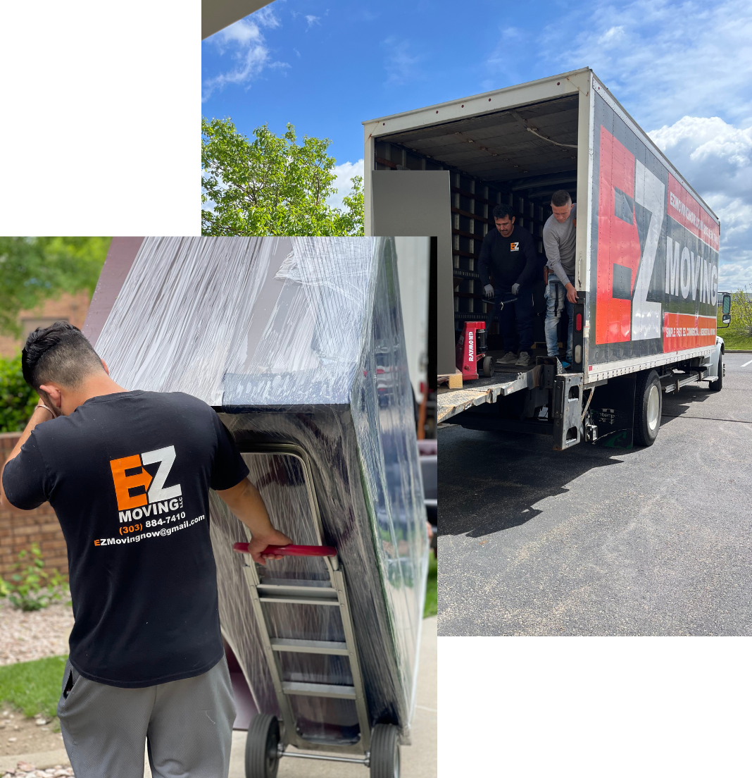 two pictures of EZ Moving employees moving furniture